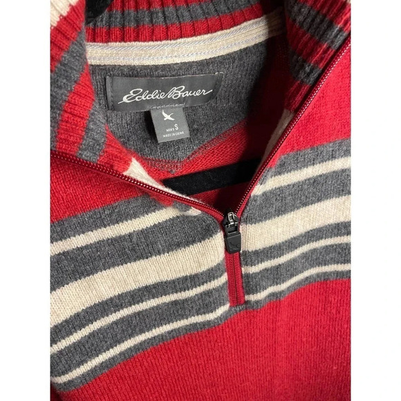 Eddie Bauer Men's Red Blue White Striped 3/4 Zip Wool Blend Sweater Size Small - Picture 3 of 5